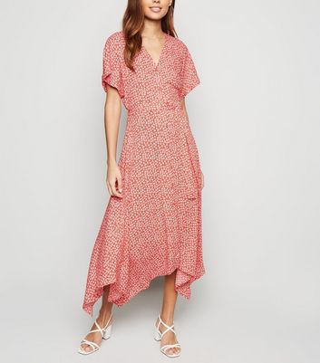 Red Ditsy Floral Button Up Midi Dress ...